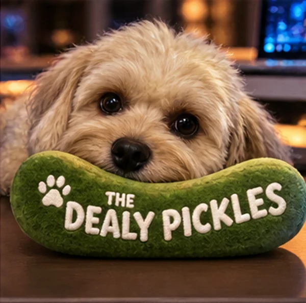 Dilly resting her chin on a green Dealy Pickles plush pickle